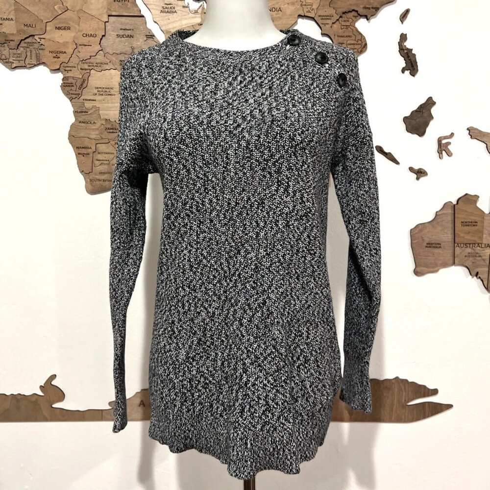 Loft Heather Black White Button Neck Sweater Size XS Long Sleeve Shawl Mock